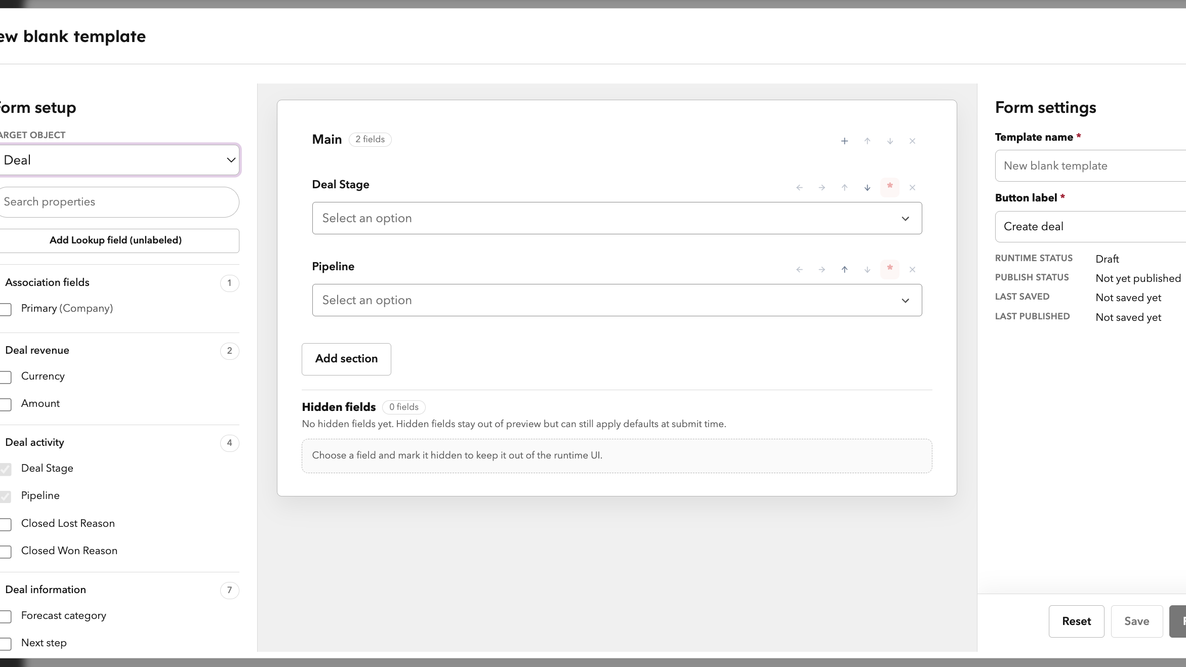 Create a record template for deals with structured fields, sections, and hidden fields in HubSpot