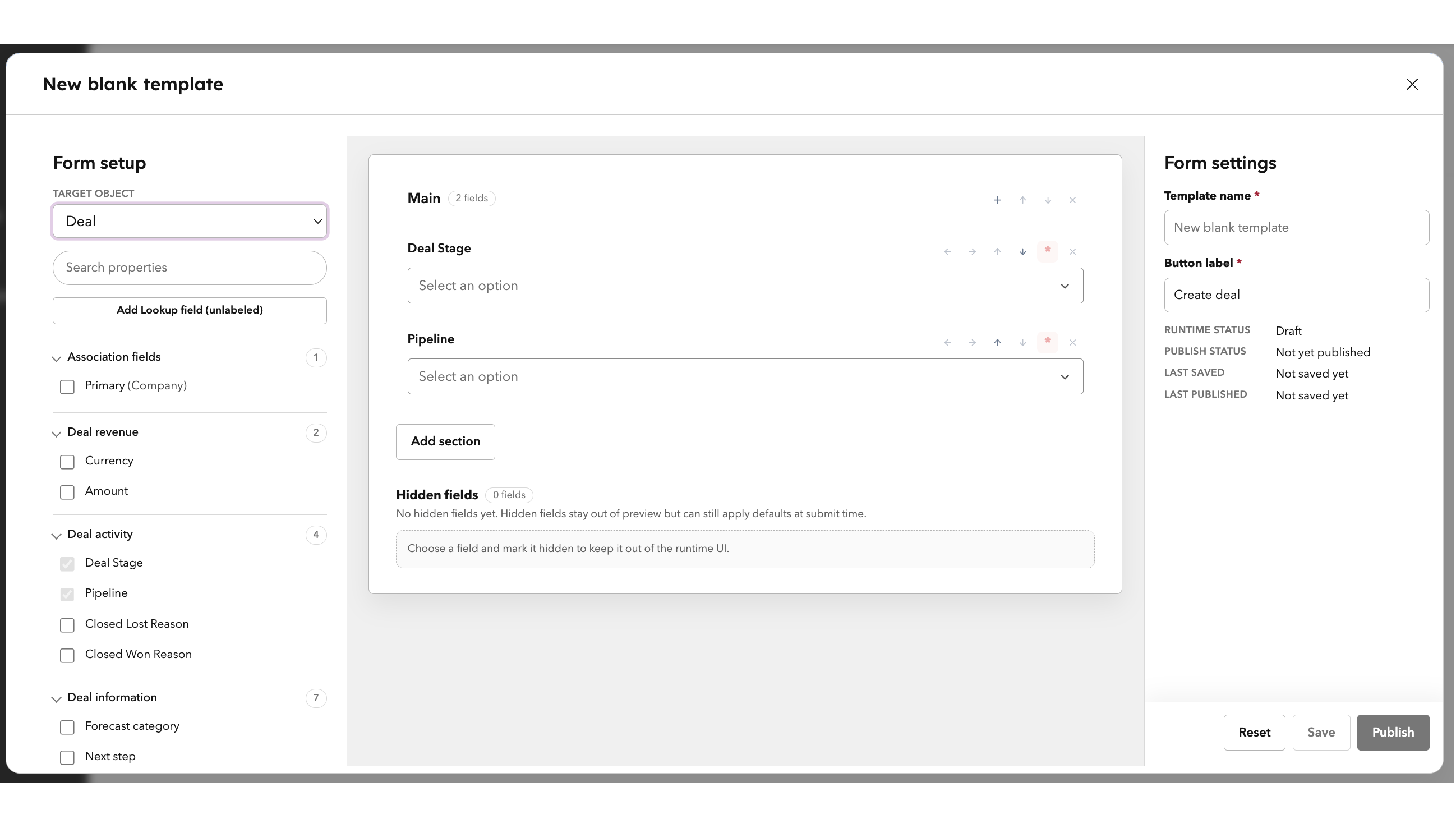Create a record template for deals with structured fields, sections, and hidden fields in HubSpot