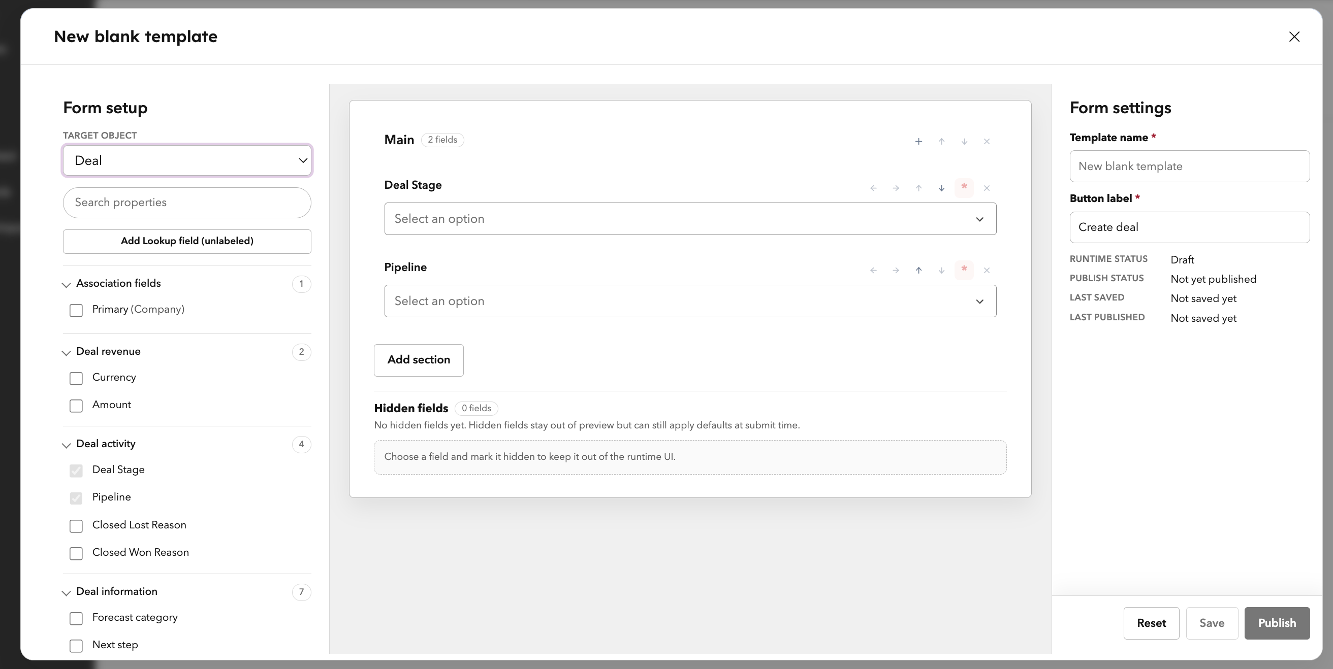 Create a record template for deals with structured fields, sections, and hidden fields in HubSpot