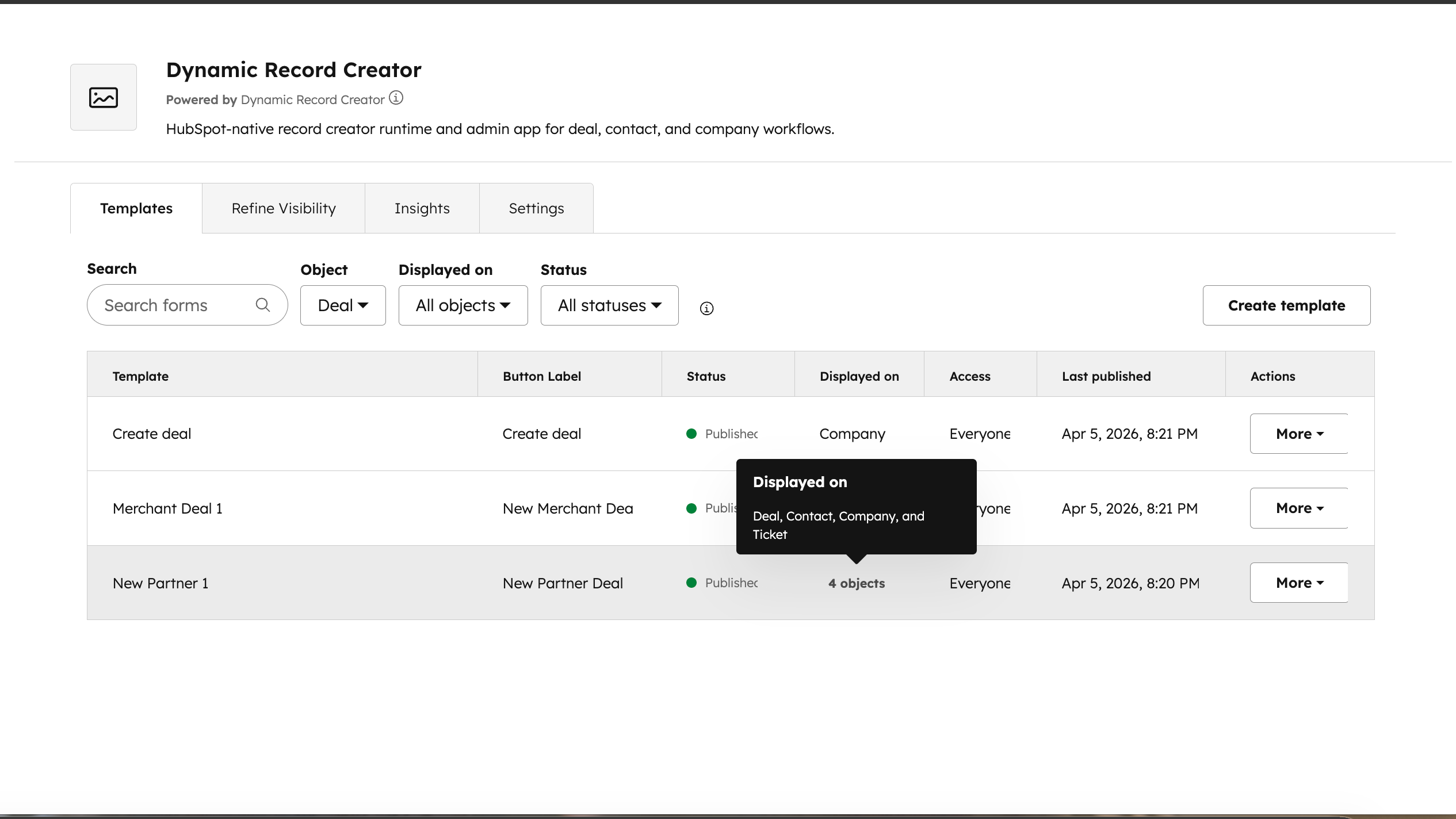 View and manage conditional visibility rules for templates across different source and target objects