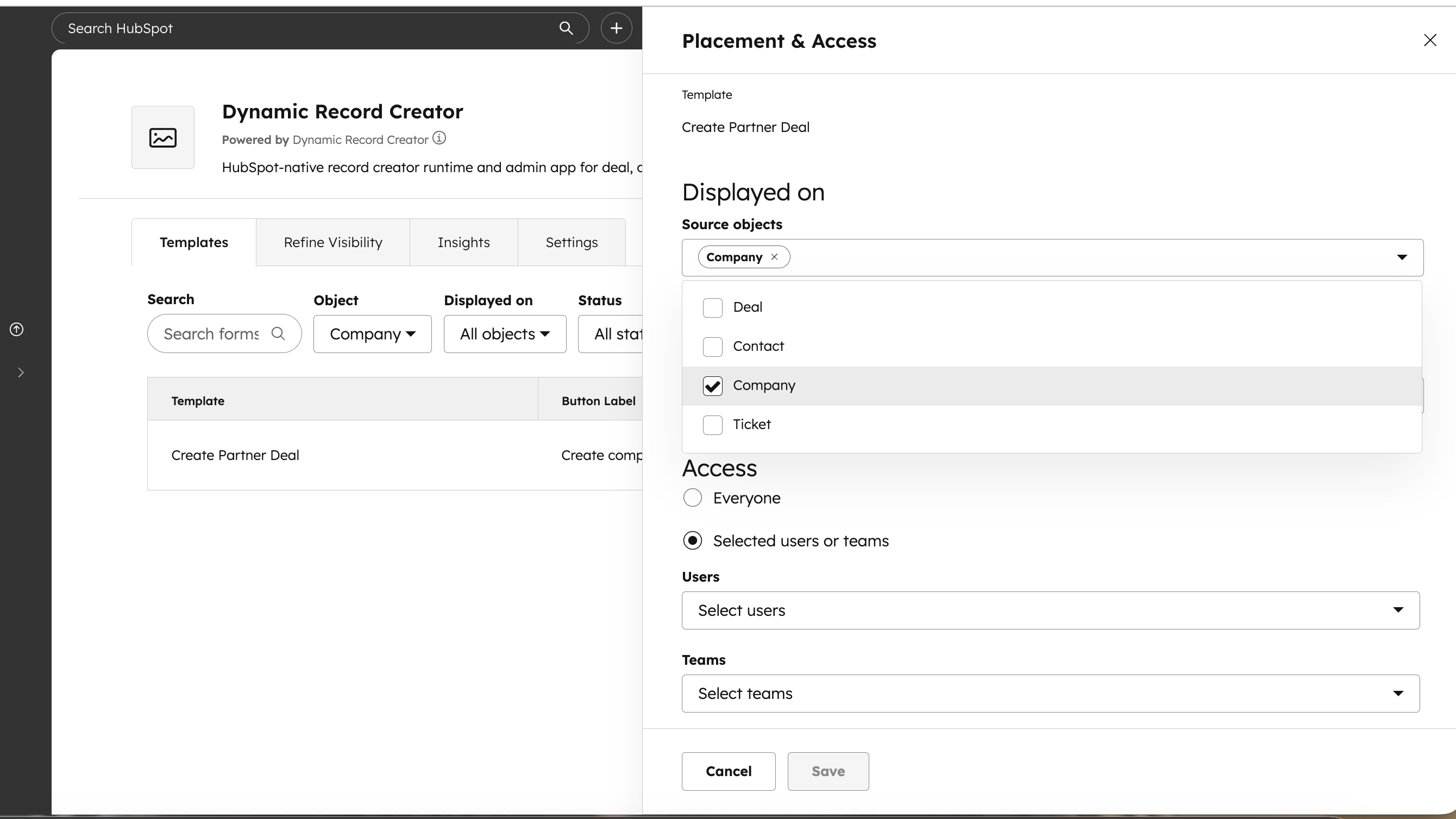 Configure where templates appear in HubSpot and restrict access by user or team